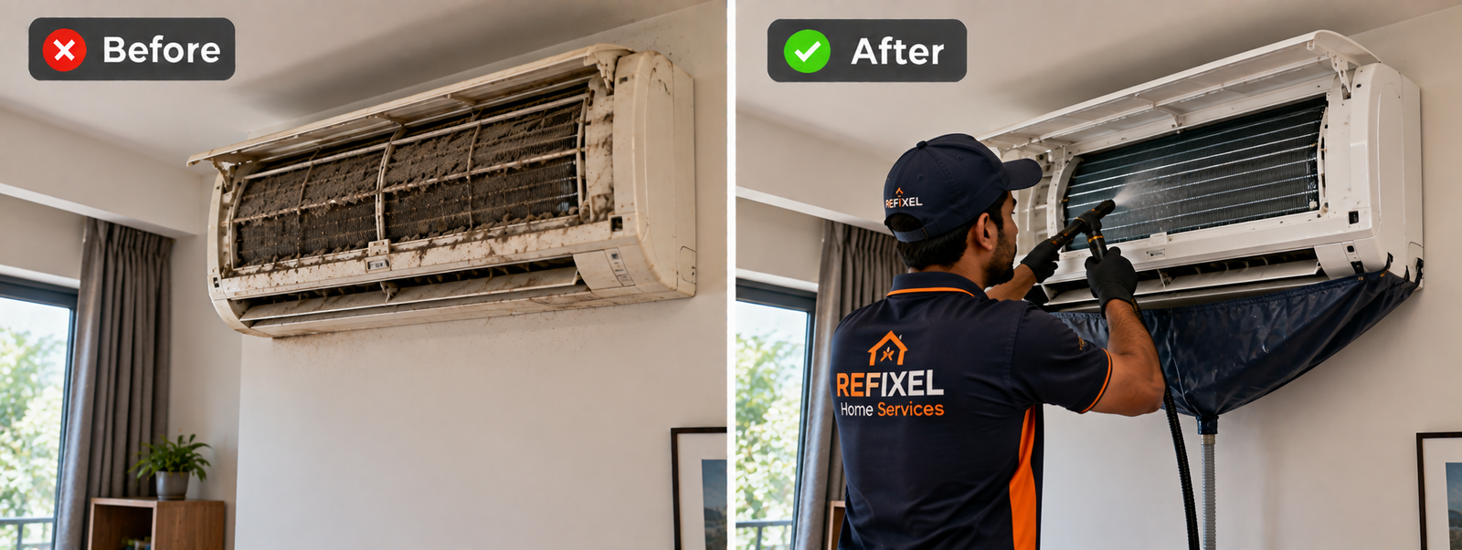 Before and After Split AC Deep Jet Wash & Coil Cleaning