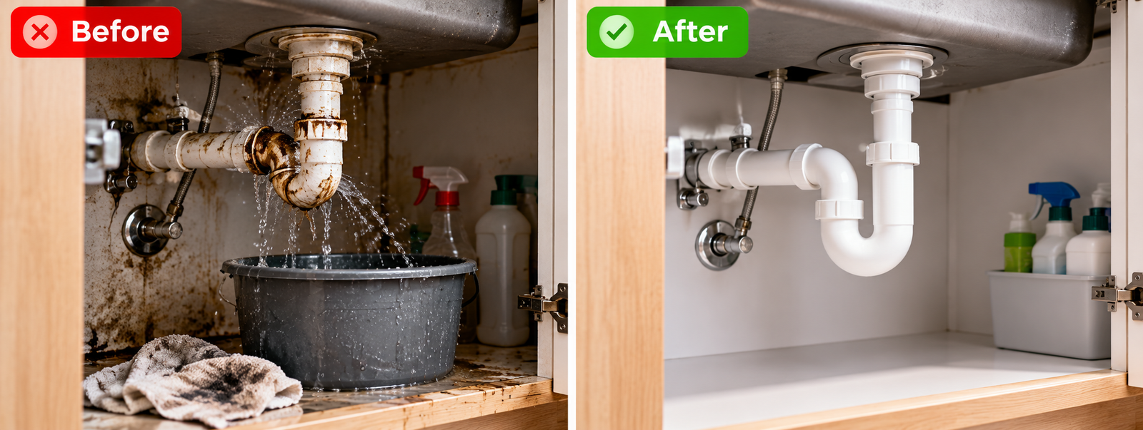 Before and After Kitchen Under-Sink Leak Repair & Pipe Fitting